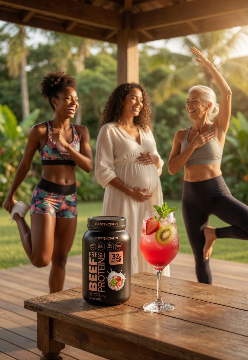 Grupo de amigas treinando ao ar livre com Beef Protein Fresh