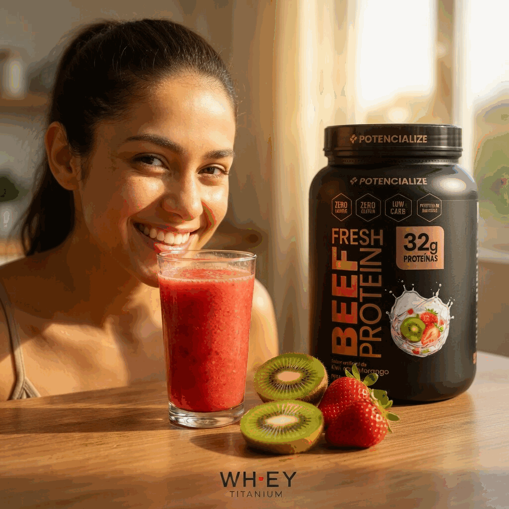 Mulher bebendo o suco proteico pronto, ao lado do pote