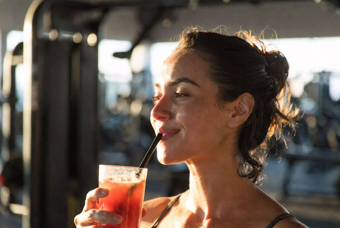 Mulher sorrindo na academia segurando o pote de Beef Protein Fresh — diga adeus ao estufamento do leite